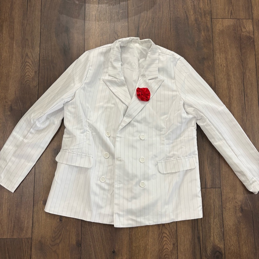Spirit Halloween White Pinstripe Blazer with Red Flower, Size Small